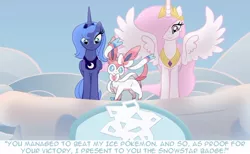 Size: 640x395 | Tagged: caption, crossover, derpibooru import, ninfia, nymphia, pokémon, pokémon x and y, princess celestia, princess luna, safe, snowdrop (animation), spread wings, sylveon, text, wingboner, wings