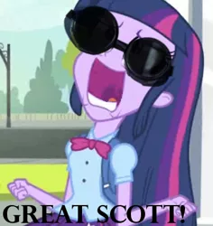 Size: 358x379 | Tagged: safe, derpibooru import, edit, edited screencap, screencap, twilight sparkle, equestria girls, equestria girls (movie), back to the future, cropped, exploitable meme, goggles, great scott, meme, solo, twiscream