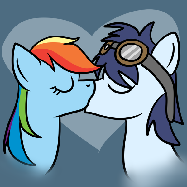 Size: 700x700 | Tagged: safe, artist:theshadowartist100, derpibooru import, rainbow dash, soarin', alternate hairstyle, eyes closed, female, goggles, heart, kissing, male, shipping, soarindash, straight