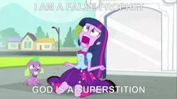 Size: 849x477 | Tagged: safe, derpibooru import, edit, edited screencap, screencap, spike, twilight sparkle, dog, equestria girls, equestria girls (movie), arial, duo, exploitable meme, meme, spike the dog, there will be blood, twiscream