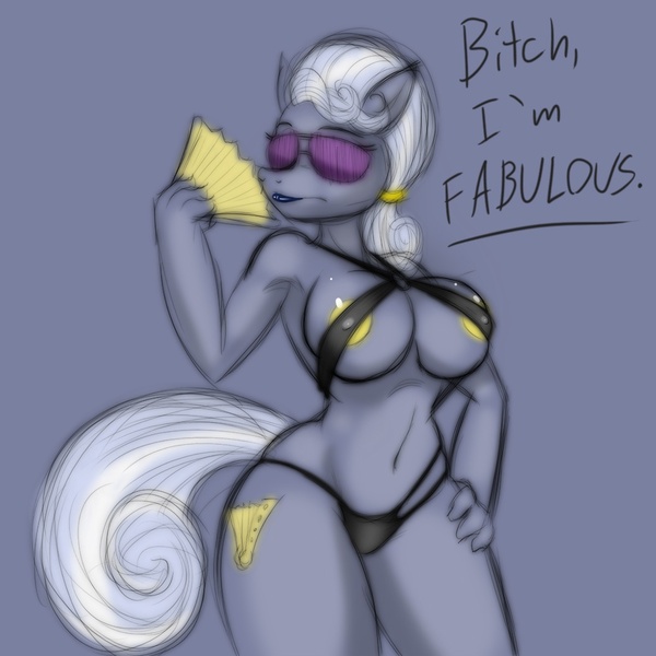 Size: 1000x1000 | Tagged: questionable, artist:lil miss jay, derpibooru import, hoity toity, anthro, areola, areola slip, belly button, bikini, bitch i'm fabulous, breasts, busty pish posh, clothes, fabulous, female, image, jpeg, micro bikini, nipples, nudity, pish posh (rule 63), rule 63, snooty booty, solo, solo female, sunglasses, swimsuit, vulgar