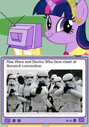 Size: 564x800 | Tagged: safe, derpibooru import, twilight sparkle, twilight sparkle (alicorn), alicorn, pony, doctor who, exploitable meme, faic, female, mare, meme, news, norwich, obligatory pony, slowpoke, smirk, star wars, tv meme, twiface