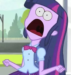 Size: 661x700 | Tagged: safe, derpibooru import, edit, edited screencap, screencap, twilight sparkle, equestria girls, equestria girls (movie), cropped, exploitable meme, image, meme, patrick star, png, solo, spongebob squarepants, surprised patrick, the spongebob squarepants movie, twiscream, wat