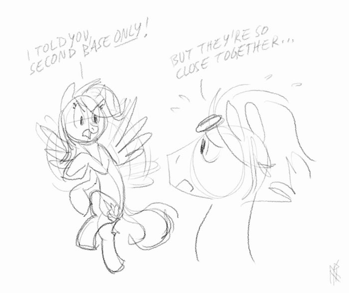 Size: 700x588 | Tagged: questionable, artist:carnifex, derpibooru import, rainbow dash, soarin', pegasus, pony, dialogue, female, implied crotchboobs, looking at each other, male, mare, monochrome, shipping, simple background, sketch, soarindash, spread wings, stallion, straight, sweat, white background, wings