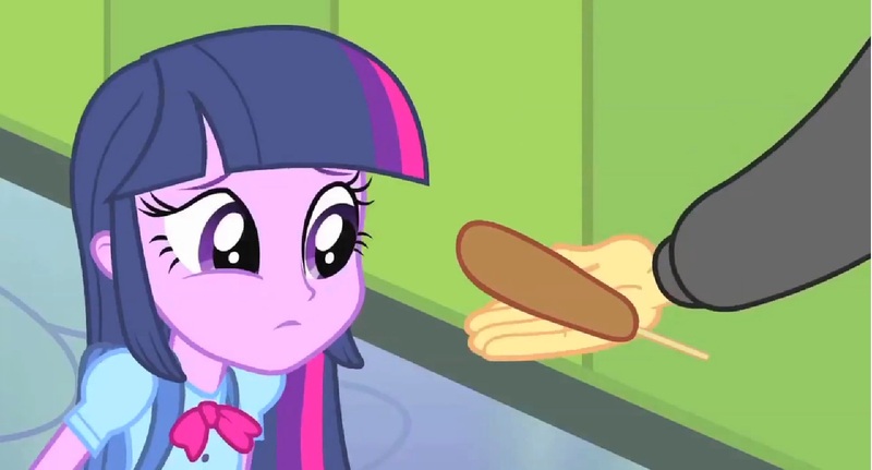 Size: 1600x861 | Tagged: safe, derpibooru import, edit, edited screencap, screencap, flash sentry, shining armor, twilight sparkle, friendship is witchcraft, equestria girls, equestria girls (movie), brad, corn, corndog, disembodied hand, food, francis sparkle, hand, horse women, offscreen character, sausage, solo focus, youtube link