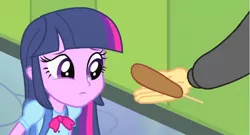 Size: 1600x861 | Tagged: safe, derpibooru import, edit, edited screencap, screencap, flash sentry, shining armor, twilight sparkle, friendship is witchcraft, equestria girls, equestria girls (movie), brad, corn, corndog, disembodied hand, food, francis sparkle, hand, horse women, offscreen character, sausage, solo focus, youtube link