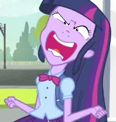 Size: 661x700 | Tagged: safe, derpibooru import, edit, edited screencap, screencap, twilight sparkle, equestria girls, equestria girls (movie), cropped, crossing the memes, exploitable meme, face swap, flutterrage, meme, memeception, solo, twiscream