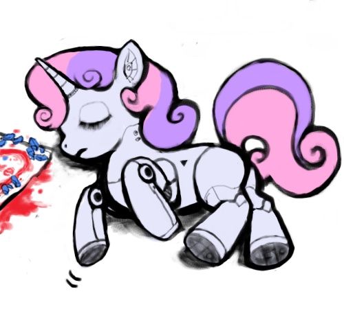 Size: 500x450 | Tagged: safe, artist:(kari), derpibooru import, sweetie belle, pony, robot, robot pony, unicorn, friendship is witchcraft, blank flank, eyes closed, female, filly, foal, hooves, horn, lying down, pixiv, simple background, sleeping, solo, sweetie bot, white background