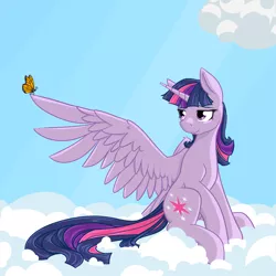 Size: 2000x2000 | Tagged: safe, artist:geomancing, deleted from derpibooru, derpibooru import, twilight sparkle, twilight sparkle (alicorn), alicorn, butterfly, pony, cloud, cloudy, female, mare, solo, spread wings, wings