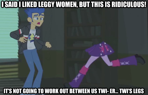 Size: 621x398 | Tagged: safe, derpibooru import, edit, edited screencap, screencap, flash sentry, twilight sparkle, equestria girls, equestria girls (movie), caption, cropped, do not want, half, image macro, legs, modular, text, wat