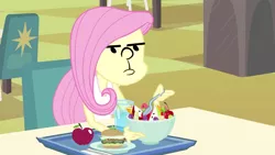 Size: 1920x1080 | Tagged: safe, derpibooru import, edit, edited screencap, screencap, fluttershy, equestria girls, equestria girls (movie), apple, burger, fluttershy just wants to eat lunch, food, fruit salad, funny, funny as hell, karl pilkington, ricky gervais show, salad, solo, spoon, the ricky gervais show, wat, wtf