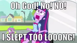 Size: 795x449 | Tagged: safe, derpibooru import, edit, edited screencap, screencap, spike, twilight sparkle, dog, equestria girls, equestria girls (movie), army of darkness, caption, duo, exploitable meme, image macro, meme, spike the dog, text, twiscream