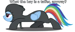 Size: 1000x432 | Tagged: caption, catsuit, derpibooru import, garret, garrett, image macro, inverted mouth, rainbow dash, safe, taffer, text, thief, thief (video game)