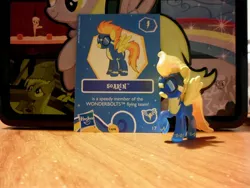 Size: 4608x3456 | Tagged: safe, derpibooru import, derpy hooves, soarin', spitfire, pegasus, pony, collector card, error, female, figure, mare, toy, you had one job