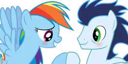 Size: 1000x500 | Tagged: safe, artist:gizemyorganci, derpibooru import, rainbow dash, soarin', blushing, female, male, shipping, soarindash, straight