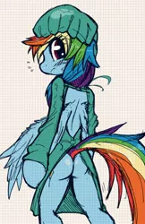 Size: 800x1232 | Tagged: suggestive, artist:mirapony, derpibooru import, rainbow dash, pegasus, pony, semi-anthro, bipedal, blushing, butt, clothes, costume, female, looking at you, mare, plot, scrubs (gear), simple background, solo, white background