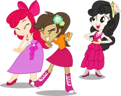 Size: 1006x794 | Tagged: safe, artist:elrunion136, derpibooru import, apple bloom, scootaloo, sweetie belle, human, equestria girls, equestria girls (movie), clothes, dancing, dress, human coloration, humanized, natural hair color, realism edits, simple background, transparent background