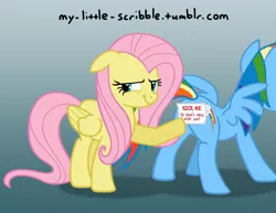 Size: 792x612 | Tagged: safe, artist:scribble, derpibooru import, fluttershy, rainbow dash, pegasus, pony, butt, female, fluttertroll, if that's okay with you, kick me, mare, plot, prank, pure unfiltered evil