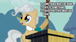 Size: 1034x582 | Tagged: caption, derpibooru import, edit, edited screencap, glasses, image macro, mayor mare, podium, politician's fallacy, politics, safe, screencap, solo, text, the last roundup