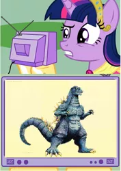 Size: 426x601 | Tagged: safe, derpibooru import, twilight sparkle, twilight sparkle (alicorn), alicorn, kaiju, pony, concept art, exploitable meme, female, godzilla, godzilla (series), godzilla junior, mare, meme, obligatory pony, tv meme