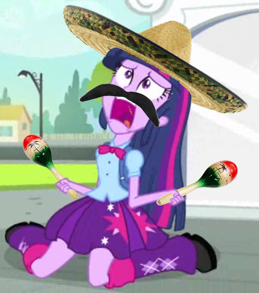 Size: 654x739 | Tagged: safe, artist:kanrabat, derpibooru import, edit, edited screencap, screencap, twilight sparkle, equestria girls, equestria girls (movie), cropped, exploitable meme, facial hair, maracas, meme, mexican, moustache, musical instrument, photoshop, solo, sombrero, twiscream