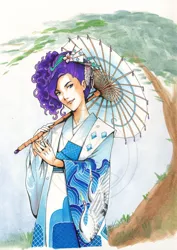 Size: 600x849 | Tagged: androgynous, artist:amypeterson, clothes, derpibooru import, haori, human, humanized, kanzashi, kimono (clothing), legend of the five rings, rarity, safe, solo, traditional art, umbrella, wagasa