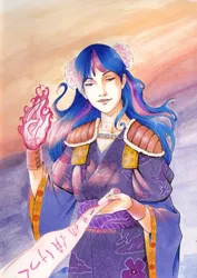 Size: 600x849 | Tagged: artist:amypeterson, clothes, derpibooru import, human, humanized, japanese, kimono (clothing), legend of the five rings, magic, safe, scroll, smiling, solo, traditional art, twilight sparkle