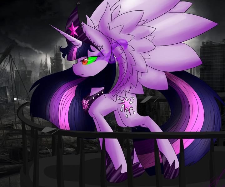 Size: 1500x1250 | Tagged: safe, artist:xxcron, derpibooru import, twilight sparkle, twilight sparkle (alicorn), alicorn, pony, bad end, balcony, big crown thingy 3.0, city, cityscape, clothes, crown, dark magic, evil, female, image, jewelry, magic, mare, peytral, png, regalia, shoes, solo, sombra eyes, tiara, tyrant sparkle