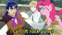 Size: 1281x720 | Tagged: derpibooru import, duwang, edit, erina pendolton, jojo's bizarre adventure, jonathan joestar, pinkie pie, safe, screencap