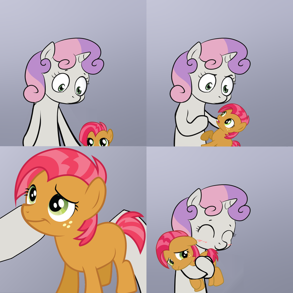 Size: 2000x2000 | Tagged: babs seed, derpibooru import, exploitable meme, good end, hug, meme, obligatory pony, safe, size difference, sweetie belle, sweetie's note meme