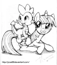 Size: 600x687 | Tagged: safe, artist:jcosneverexisted, derpibooru import, spike, twilight sparkle, twilight sparkle (alicorn), alicorn, pony, monochrome, traditional art