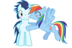 Size: 1024x683 | Tagged: safe, artist:gizemyorganci, derpibooru import, rainbow dash, soarin', blushing, female, kiss on the cheek, kissing, male, shipping, simple background, soarindash, straight, transparent background, vector