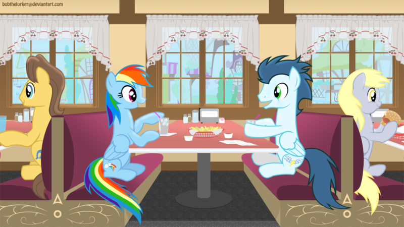 Size: 1024x576 | Tagged: safe, artist:bobthelurker, derpibooru import, caramel, derpy hooves, rainbow dash, soarin', pegasus, pony, burger, cheeseburger, date, diner, female, food, hamburger, male, mare, restaurant, shipping, soarindash, straight, table