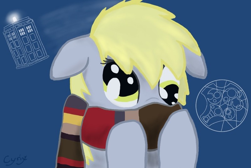 Size: 1021x685 | Tagged: safe, artist:cyrix-s, derpibooru import, derpy hooves, pegasus, pony, clothes, doctor derpy, doctor who, female, fourth doctor's scarf, gallifreyan, mare, scarf