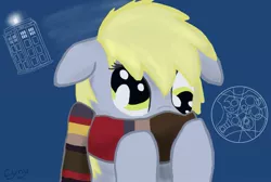 Size: 1021x685 | Tagged: safe, artist:cyrix-s, derpibooru import, derpy hooves, pegasus, pony, clothes, doctor derpy, doctor who, female, fourth doctor's scarf, gallifreyan, mare, scarf