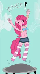 Size: 600x1120 | Tagged: anthro, artist:arelathh, belly button, bouncing, clothes, derpibooru import, pinkie pie, safe, shorts, socks, solo, striped socks, trampoline