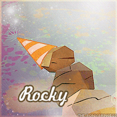Size: 245x245 | Tagged: animated, artist:the-pony-princess, cropped, derpibooru import, edit, edited screencap, hat, hub logo, party hat, party of one, rock, rocky, safe, screencap