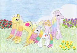 Size: 1024x704 | Tagged: artist:normaleeinsane, baby berrytown, derpibooru import, flower, g1, mummy meadowsweet, mummy sunbright, my little pony tales, safe, traditional art