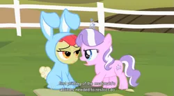 Size: 853x475 | Tagged: animal costume, apple bloom, bunny bloom, bunny costume, caption, clothes, costume, derpibooru import, diamond tiara, edit, edited screencap, family appreciation day, mcdonald's, meme, safe, screencap, youtube caption