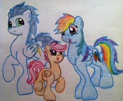 Size: 1024x839 | Tagged: safe, artist:rarityforever, derpibooru import, rainbow dash, scootaloo, soarin', adopted offspring, chibi, female, male, offspring, parent:rainbow dash, parent:soarin', parents:soarindash, scootadoption, shipping, soarindash, straight, traditional art