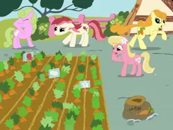 Size: 1024x768 | Tagged: artist:almond-rose, bag, carrot top, daisy, derpibooru import, flower trio, flower wishes, garden, golden harvest, lily, lily valley, prank, roseluck, running, safe, upset