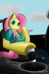 Size: 1000x1516 | Tagged: suggestive, artist:sikdrift, derpibooru import, fluttershy, anthro, bat pony, breasts, busty fluttershy, car, driving, flutterbat, race swap