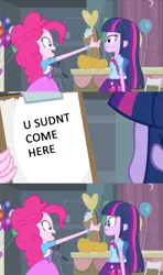 Size: 413x700 | Tagged: safe, derpibooru import, edit, edited screencap, screencap, pinkie pie, twilight sparkle, equestria girls, equestria girls (movie), balloon, clipboard, comic, duo, half life full life consequences, half-life, meme, pinkie's clipboard, screencap comic, someons writing