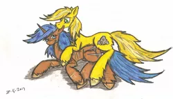 Size: 1024x591 | Tagged: artist:zubias, biting, cuddling, derpibooru import, ear bite, fallout equestria, oc, safe, traditional art, unofficial characters only