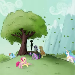 Size: 1250x1250 | Tagged: applejack, artist:king-kakapo, crying, derpibooru import, fluttershy, grave, mane seven, mane six, pinkie pie, princess celestia, rainbow dash, rarity, safe, spike, tree, twilight sparkle