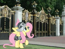 Size: 1023x767 | Tagged: safe, artist:paris7500, artist:vladimirmacholzraum, derpibooru import, fluttershy, private pansy, pony, armor, buckingham palace, driveway, gates, guard, irl, photo, ponies in real life, solo, spear, vector, weapon