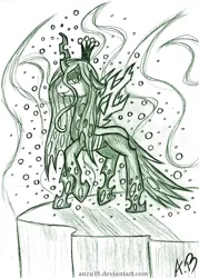 Size: 1646x2302 | Tagged: artist:rossmaniteanzu, changeling, derpibooru import, magic, queen chrysalis, safe, sketch, smiling, solo, traditional art