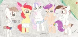 Size: 2139x1037 | Tagged: suggestive, artist:wjmmovieman, derpibooru import, apple bloom, featherweight, pipsqueak, scootaloo, sweetie belle, bloomers, blue underwear, briefs only, clothes, cutie mark crusaders, frilly bloomers, frilly underwear, heart, heart print underwear, image, implied foalcon, jpeg, orange underwear, panties, panties only, panty pull, pink underwear, rainbow underwear, red underwear, spider-man underwear, star print underwear, starry underwear, traditional art, underwear, underwear only, underwear pull, white underwear