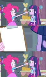 Size: 413x700 | Tagged: safe, derpibooru import, edit, edited screencap, screencap, pinkie pie, twilight sparkle, equestria girls, equestria girls (movie), clipboard, comic, duo, exploitable, pinkie's clipboard, screencap comic, template