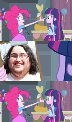 Size: 413x700 | Tagged: safe, derpibooru import, edit, edited screencap, screencap, pinkie pie, twilight sparkle, equestria girls, equestria girls (movie), brony of happiness, clipboard, comic, duo, inverted mouth, pinkie's clipboard, screencap comic